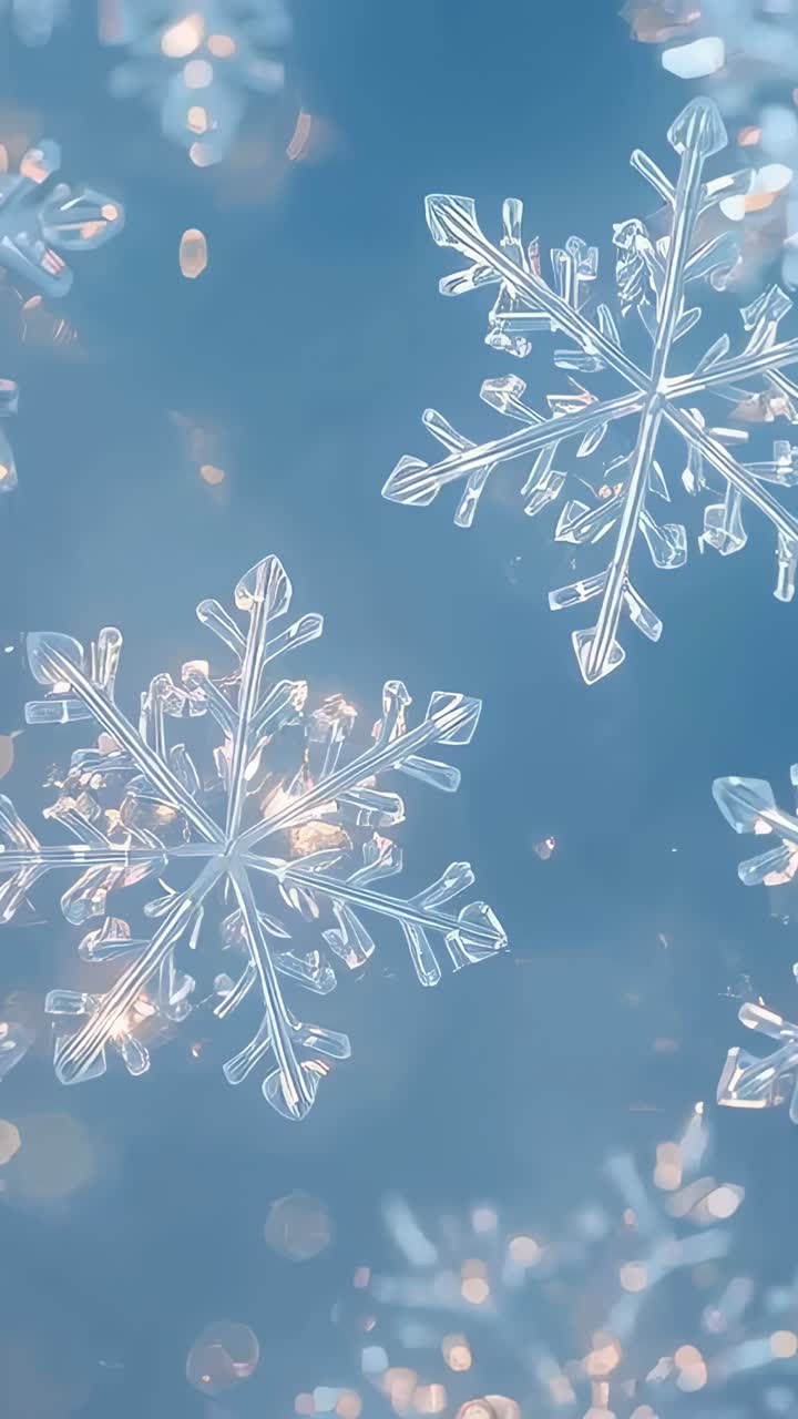 Vertical video: Starting motion, two flakes drifting, rotating and glinting in macro blue for calm