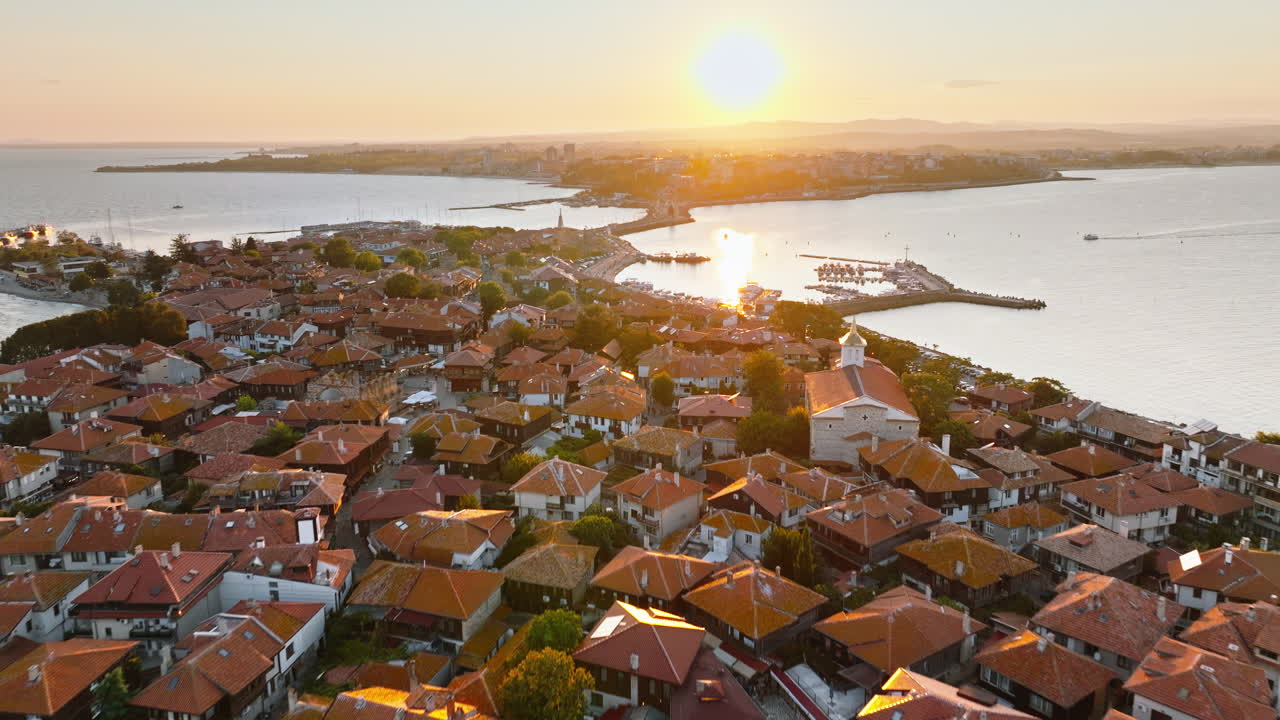 Aerial drone view of the old town Nessebar, Bulgaria at sunset
