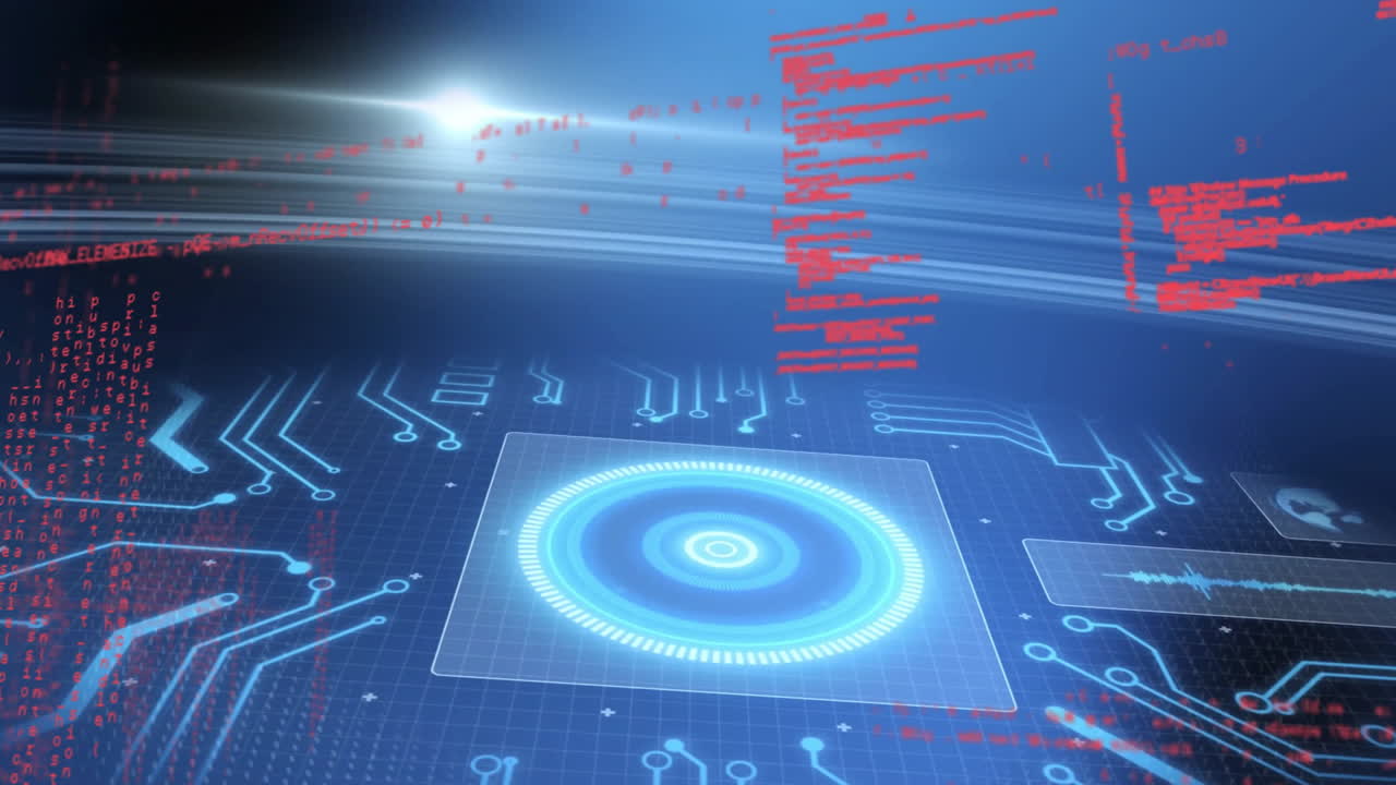 Futuristic digital interface with circuit patterns and red coding text animation