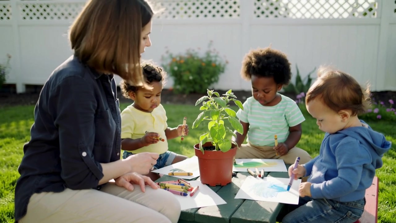 Pointing woman navy top prompted by plant, guiding toddlers drawing at backyard table with crayons