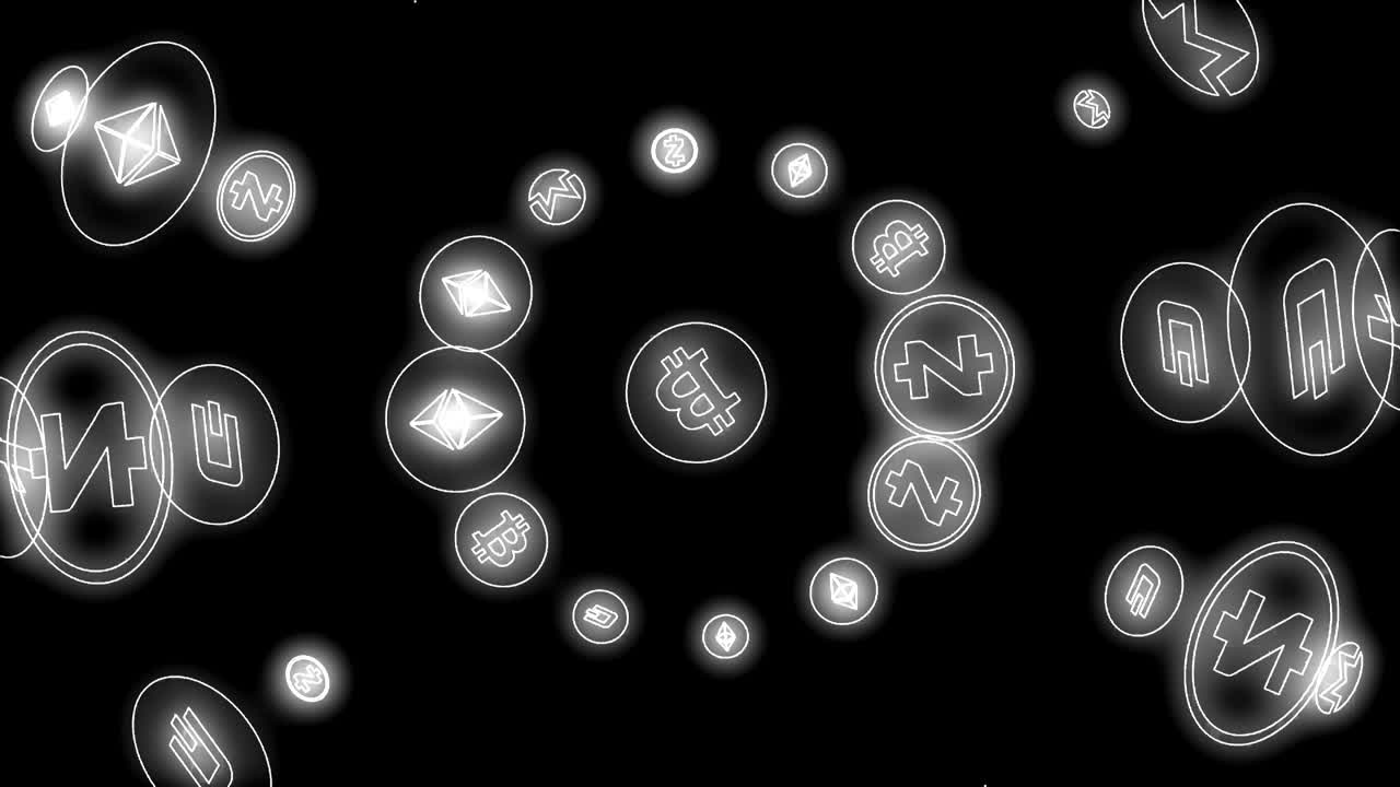 iconos de criptomoneda iluminados en el fondo negro girando alrededor del video de bucle de iconos de bitcoin