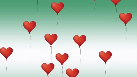 Digital-animation-of-multiple-red-heart-shaped-balloons-floating-against-green-background