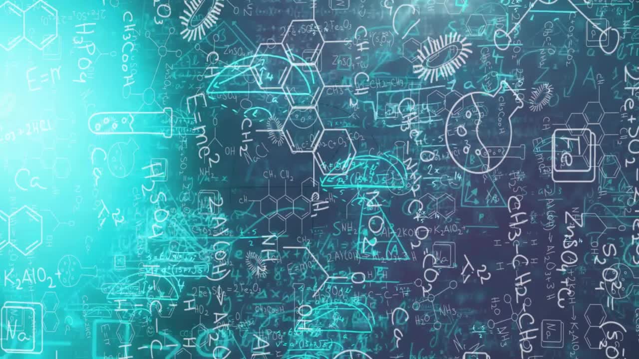 As flask outlines emerging, science icons floating illustrating chemical reactions on teal glow