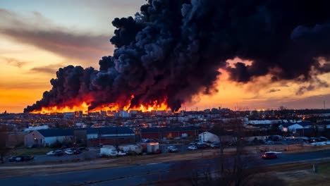 a large plume of black smoke billows out of the sky over a city