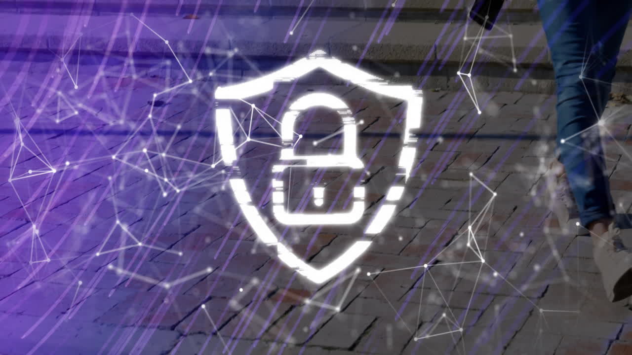 woman holding smartphone walking sidewalk showing technology via glitch shield and purple network