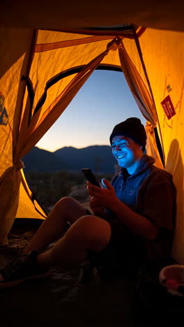 man using a phone inside a tent at dusk
