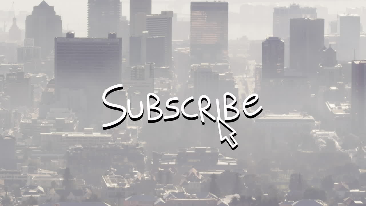 안개 가운데 있는 현대 도시 의 초고층 건물 의 공중 풍경 위 에 있는 글자 를 구독 하는 화살표 의 애니메이션