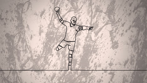 animation of drawing of male handball player throwing ball and shapes on grey background