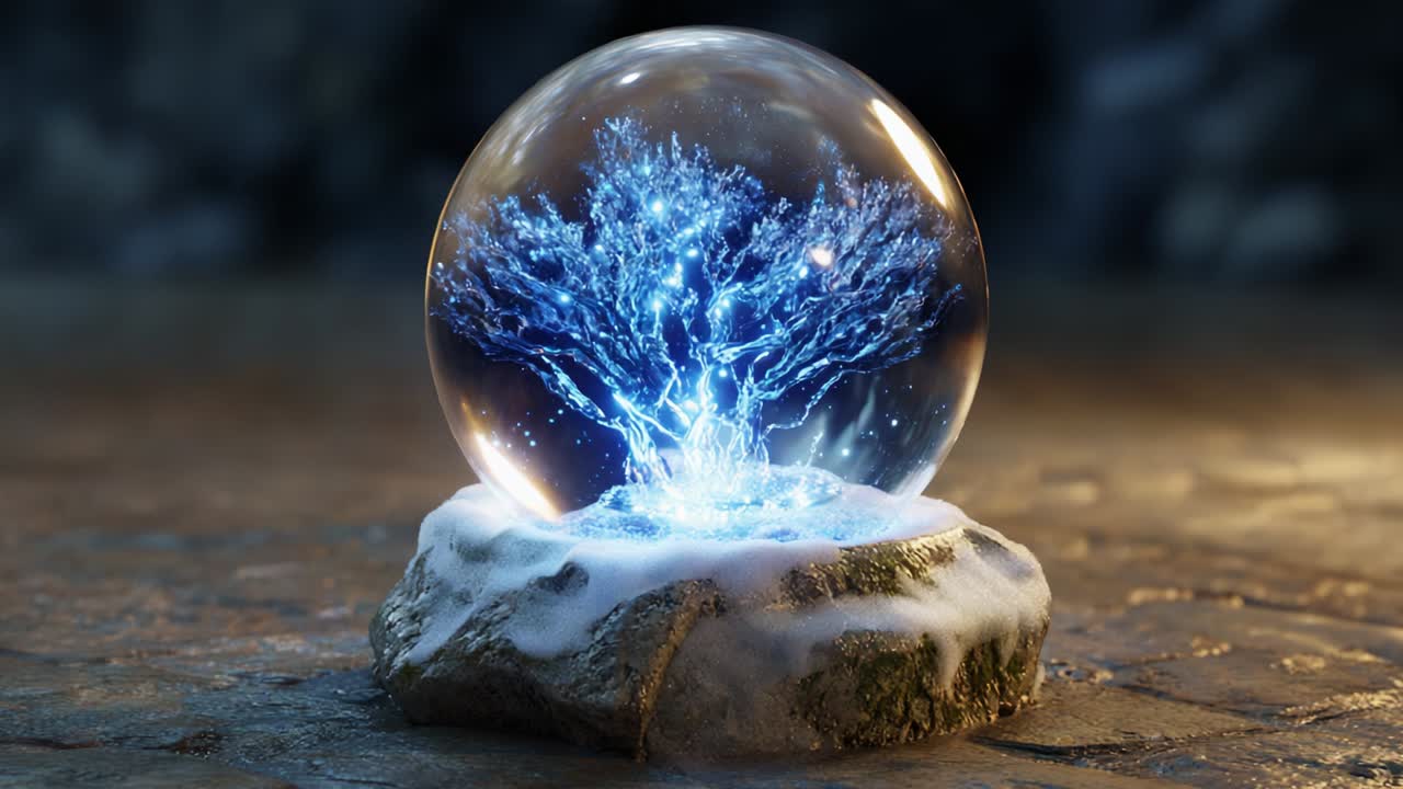 A mesmerizing crystal sphere encapsulating a vibrant glowing tree, surrounded by a layer of soft snow, creating a magical and enchanting atmosphere that captivates the imagination with its ethereal lighting