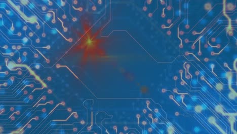 Animation-of-circuit-board,-connections-and-data-processing-over-blue-background