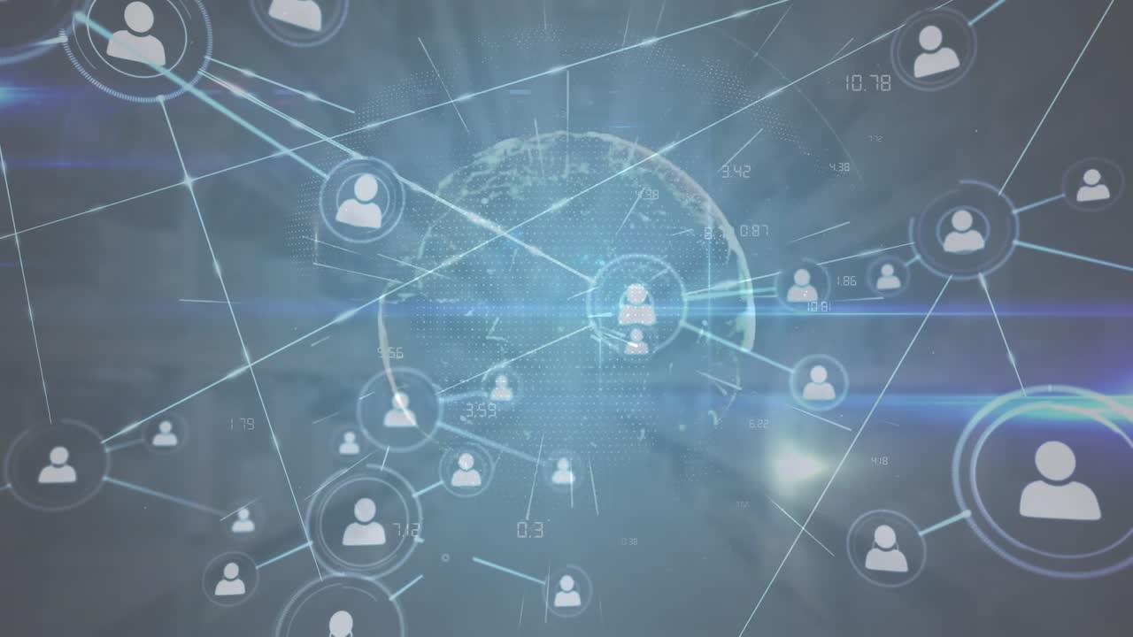Animation of network of profile icons over globe of network of connections against empty warehouse