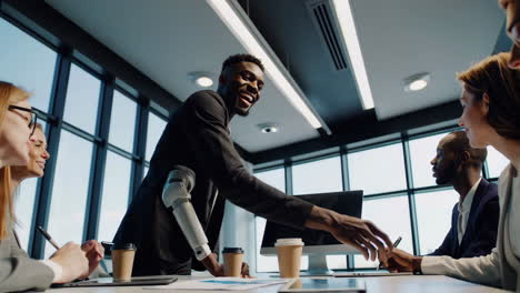 business professionals collaborating in a modern office meeting