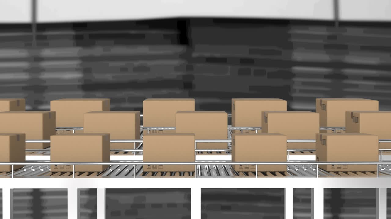 창고에서 컨베이어 벨트에 움직이는 카드보드 상자의 애니메이션