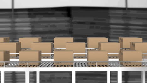 animación de cajas de cartón que se mueven en cintas transportadoras en el almacén