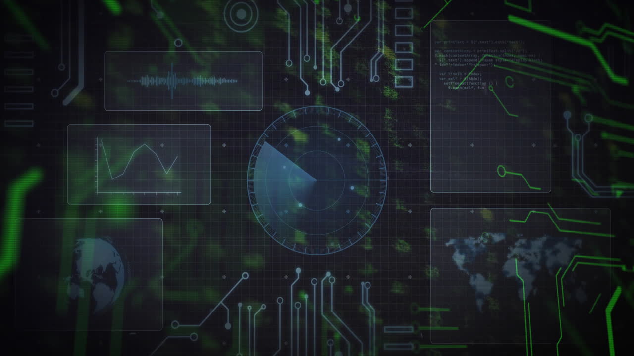 HUD showing central radar scanning grid, panels displaying waveform chart neon circuit traces