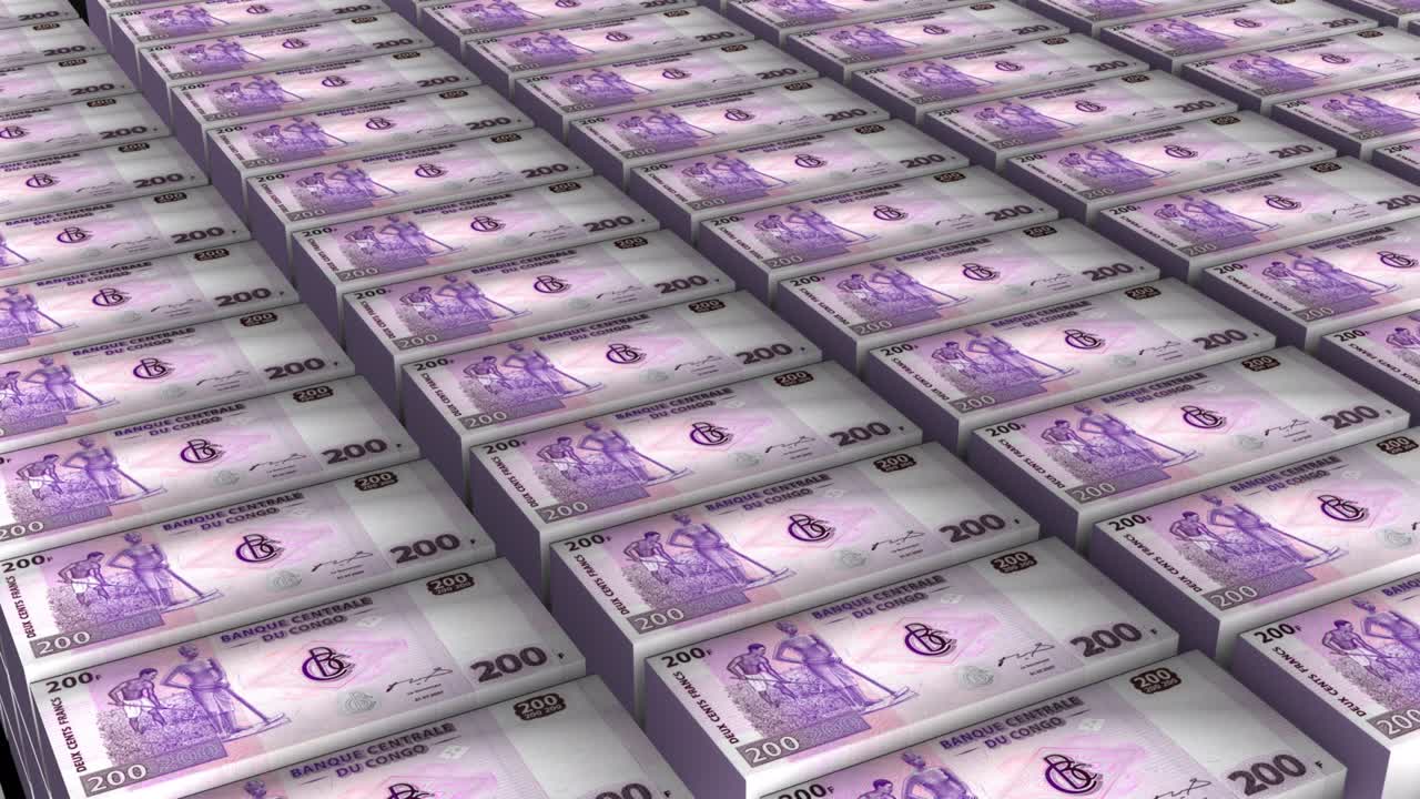 Animazione 3D: Pila di banconote da 200 Franchi della Repubblica Democratica del Congo in loop continuo