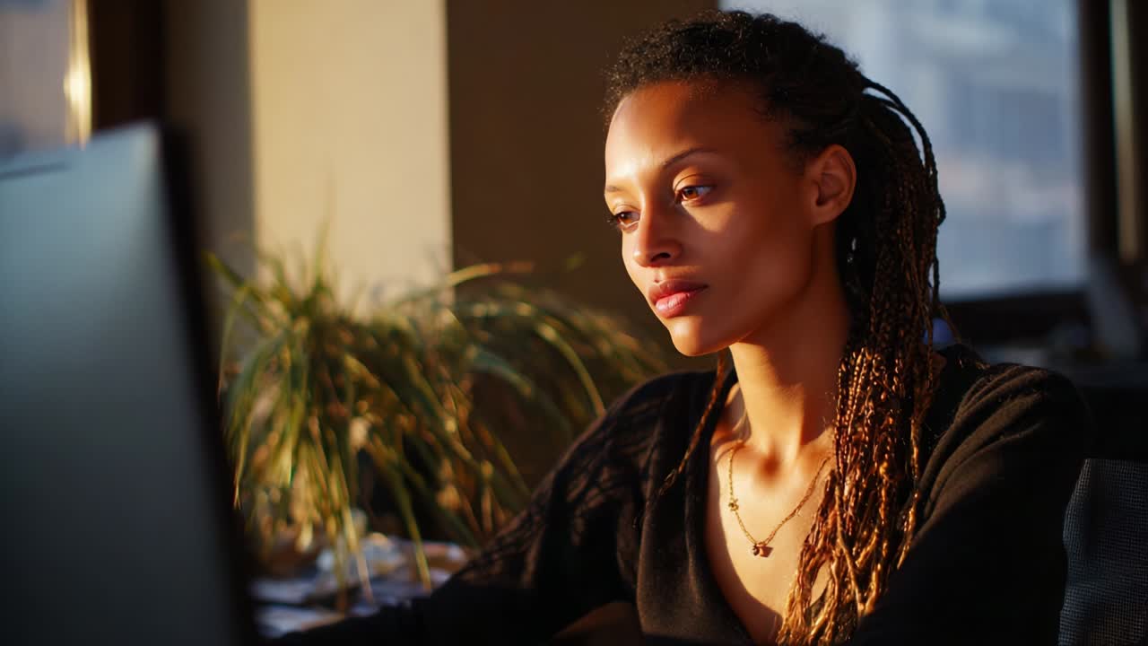 A focused woman with braided hair sits at her computer, illuminated by warm sunlight streaming through a window, showcasing concentration and engagement in her work or study environment