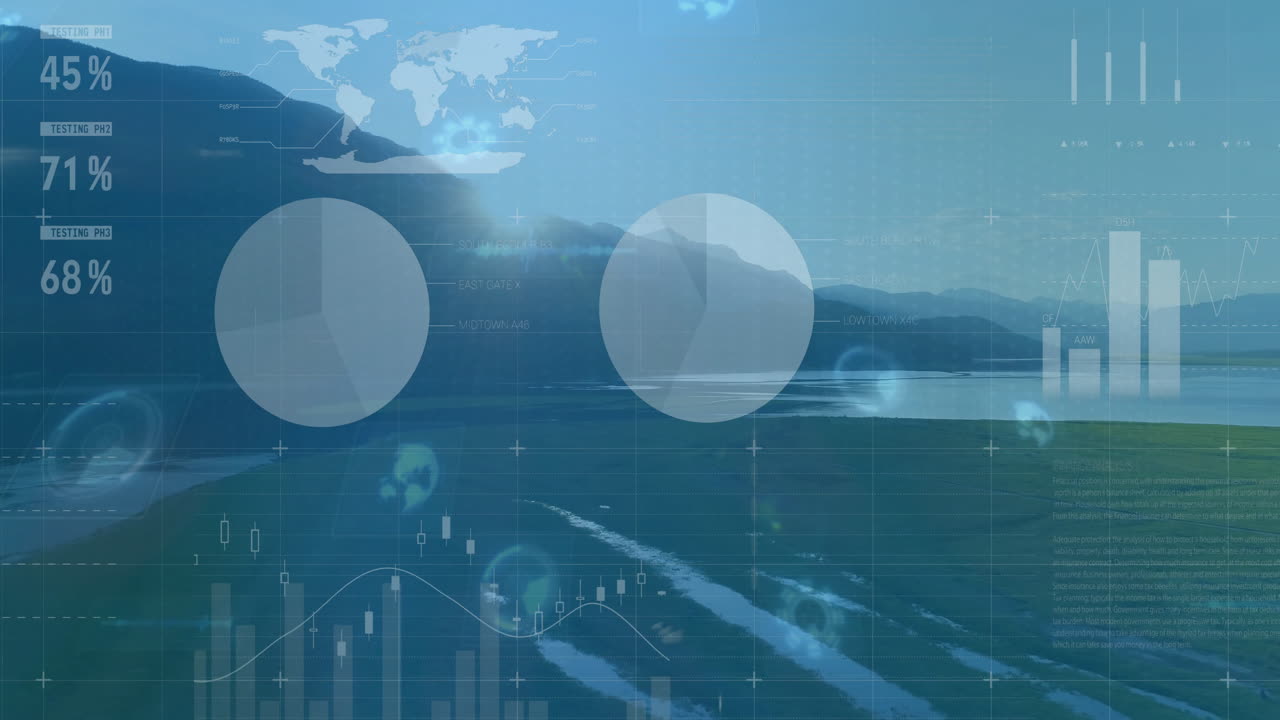 Animating data visualization and analytics over serene mountain landscape background