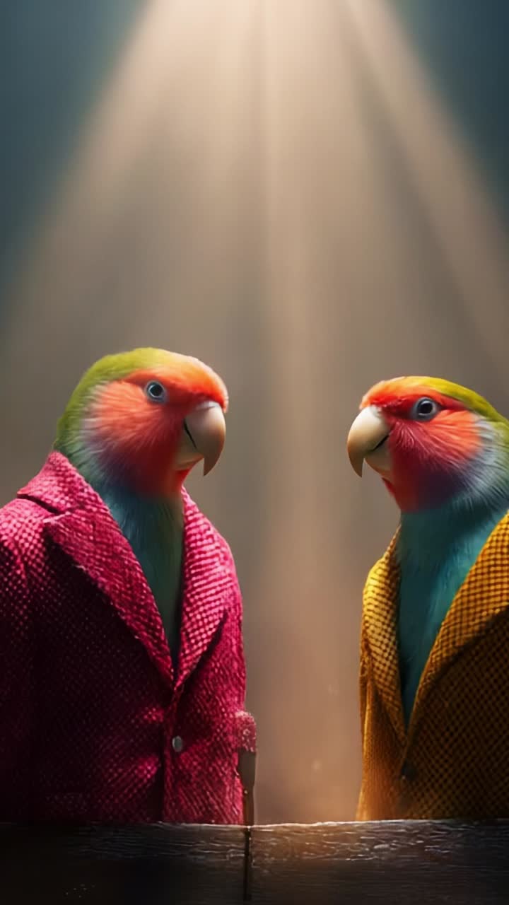 Two Colorful Parrots Dressed in Stylish Suits Engaging in a Lighthearted Conversation Under Dramatic Lighting in a Captivating Studio Setting