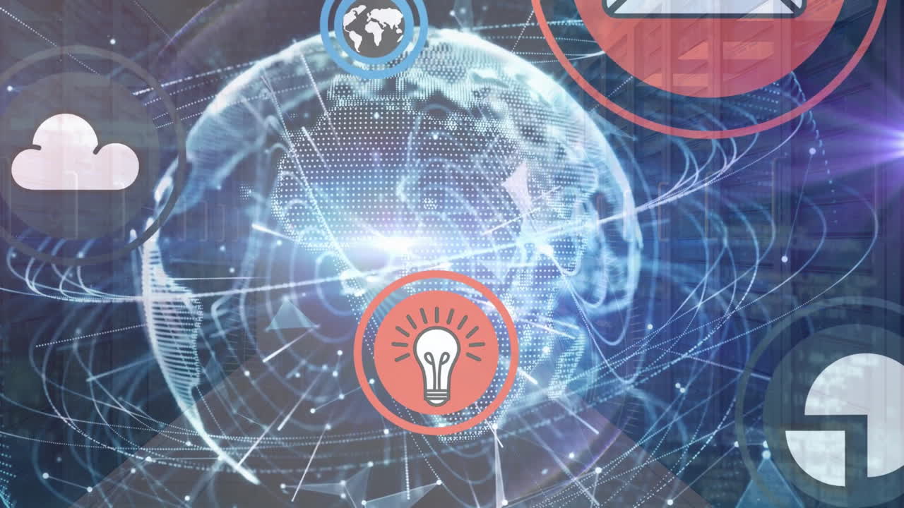 Animation of multiple icons over circles around globe with lens flares on abstract background