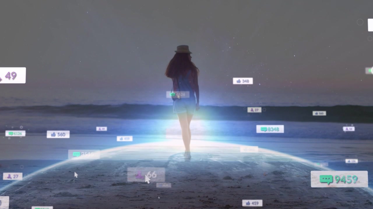 Woman walking toward beach horizon, blue glow sparking globe arc showing marketing social metrics