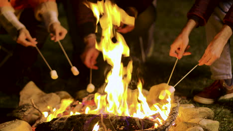un primer plano de amigos asando malvaviscos en el fuego del campamento.