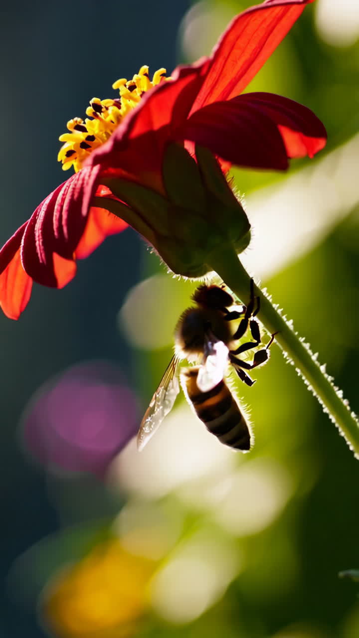 Honeybee on a Red Zinnia Flower