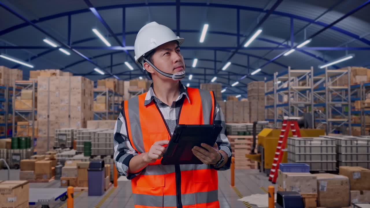Ingegnere asiatico con elmetto di sicurezza che guarda il tablet che ha in mano e si guarda intorno mentre è in piedi in un ampio magazzino con file di scaffali.