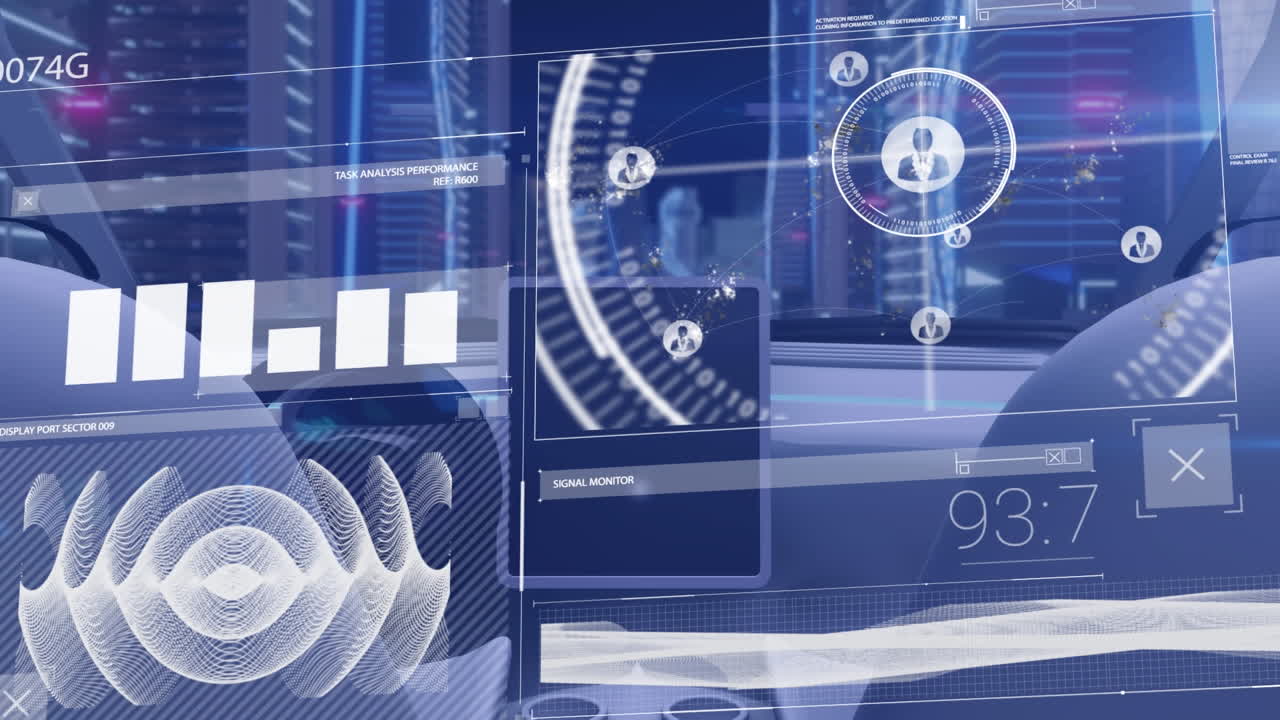 도시에서 운전하는 자동차의 내부에 대한 데이터 처리 인터페이스의 애니메이션