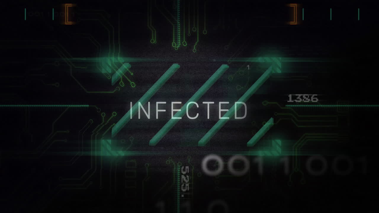 animación de texto infectada sobre placa de circuitos digitales y fondo de código binario