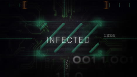 infected text animation over digital circuit board and binary code background