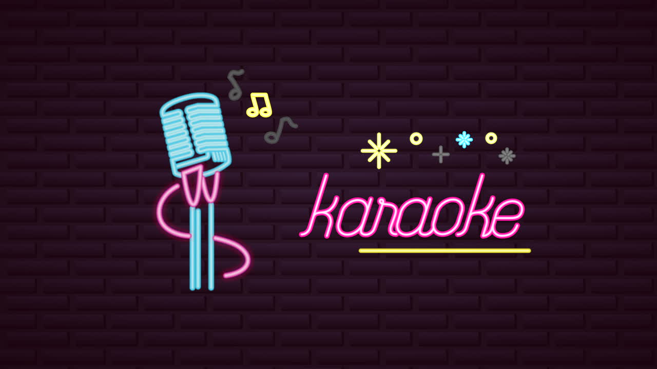 네온 조명 카라오케 라벨과 함께 벽