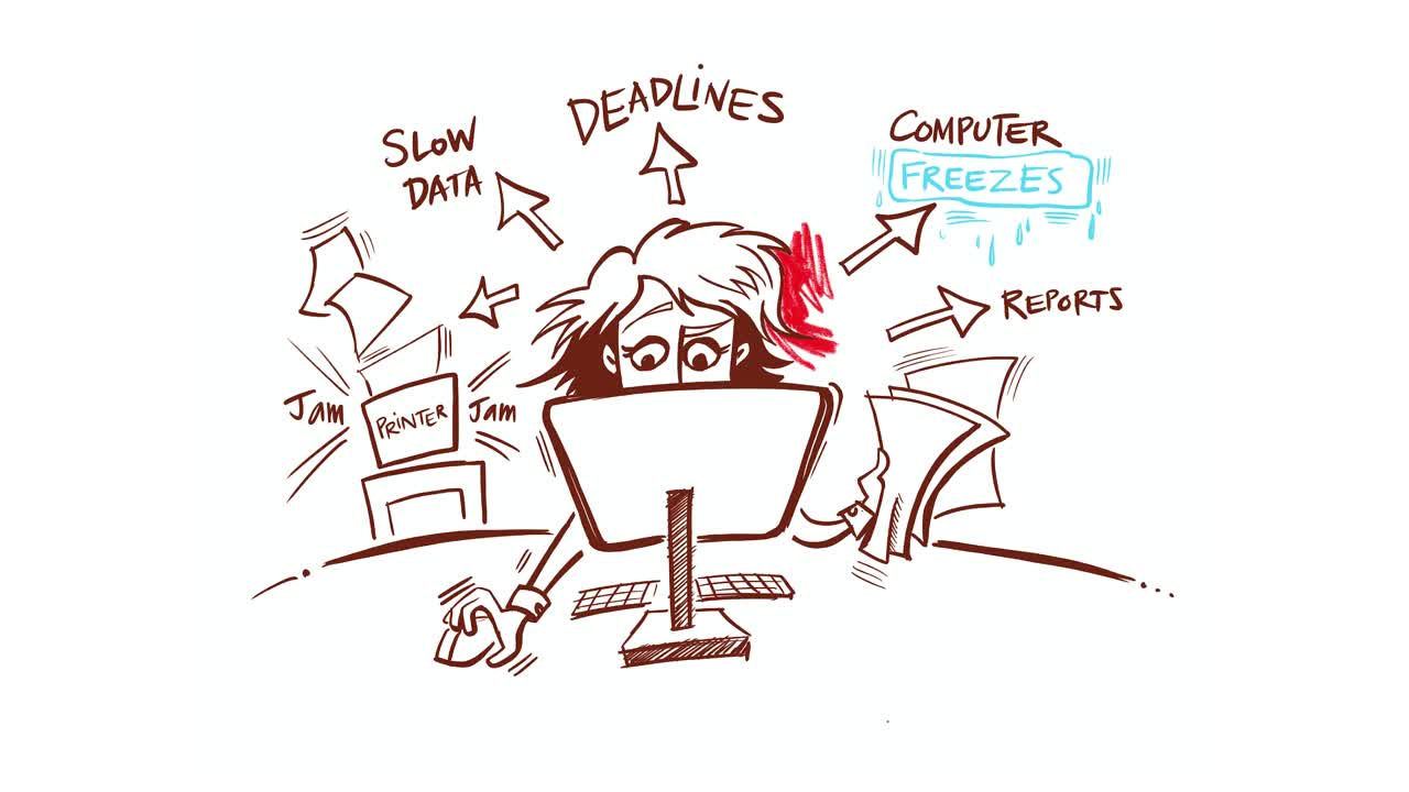 격렬하고 스트레스를 받는 여성의 만화 애니메이션