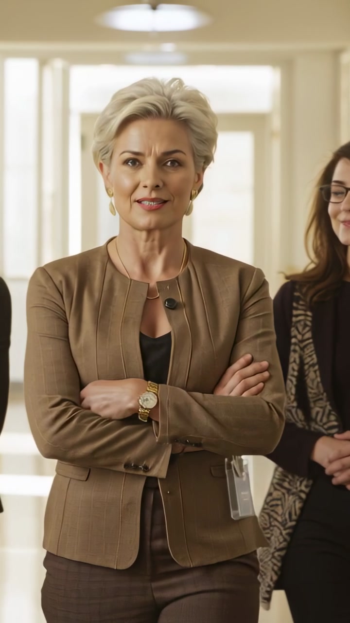 Vertical video: Manager holding gaze, uncrossing, fixing badge, showing confidence in office lobby