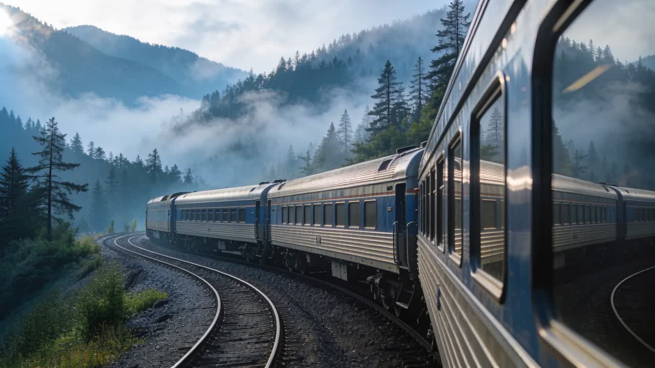 Camera following silver-blue passenger train rounding left curve in misty valley, tracks visible