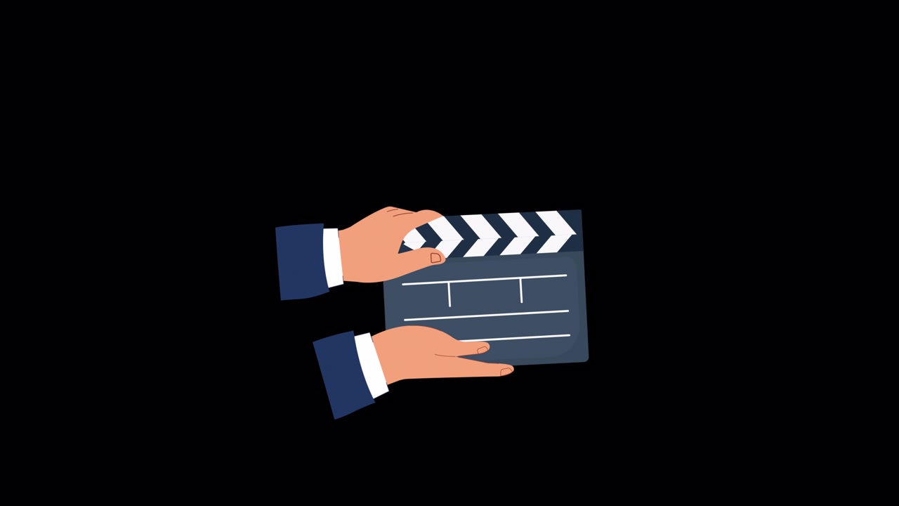 Animated Hands Holding a Film Clapperboard on Black Background