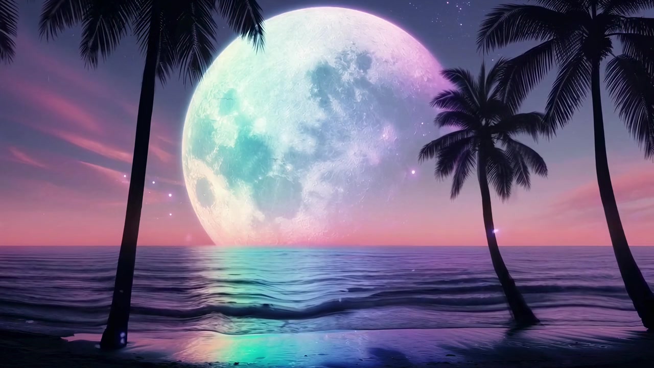 Luna vivace sopra un oceano tropicale con palme al tramonto.