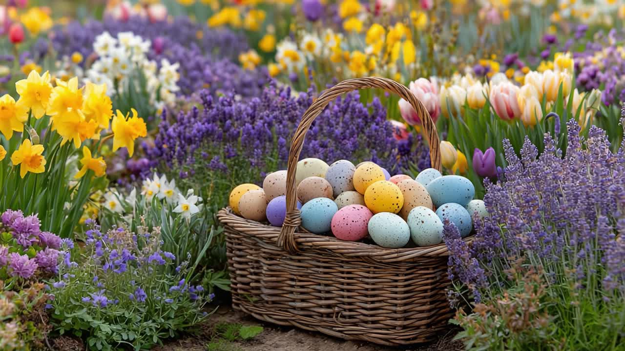 A Colorful Basket of Decorative Eggs Surrounded by Vibrant Spring Flowers, Showcasing the Beauty of Nature and the Joy of Easter Celebrations