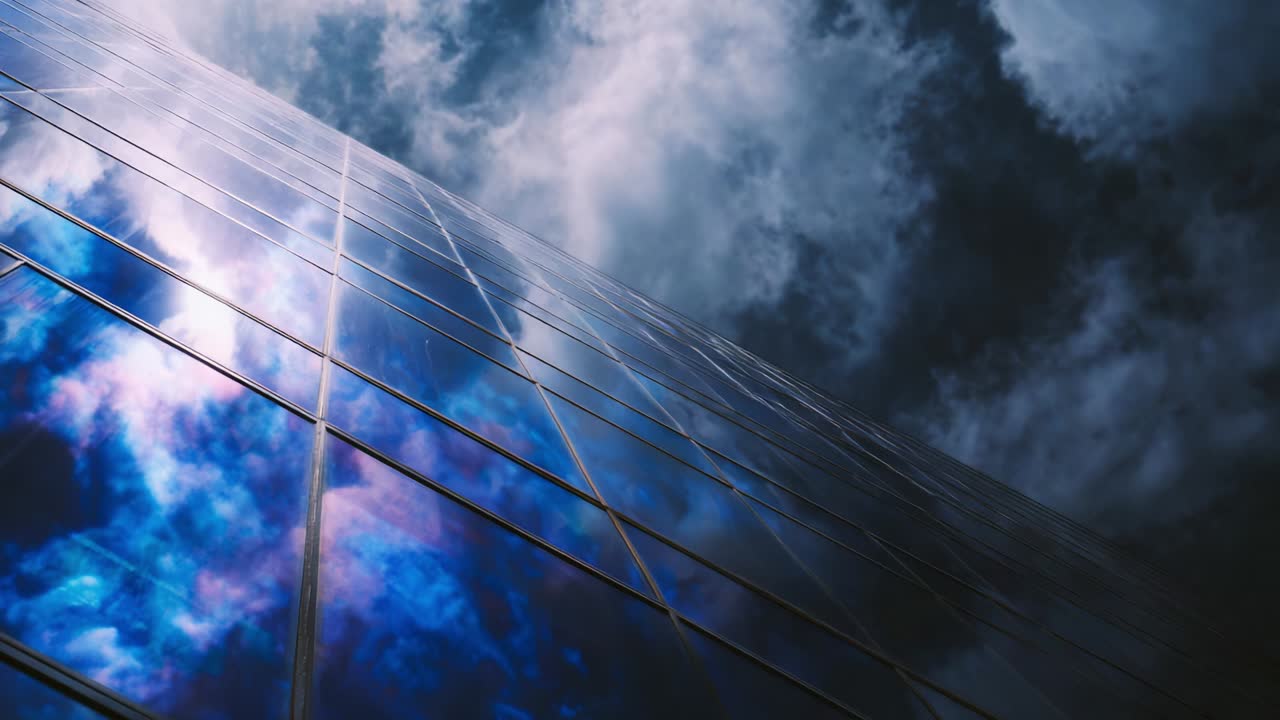 Reflections of Turbulent Clouds on a Sleek Glass Facade, Capturing the Contrast of Nature's Drama and Urban Architecture in a Striking Visual Composition