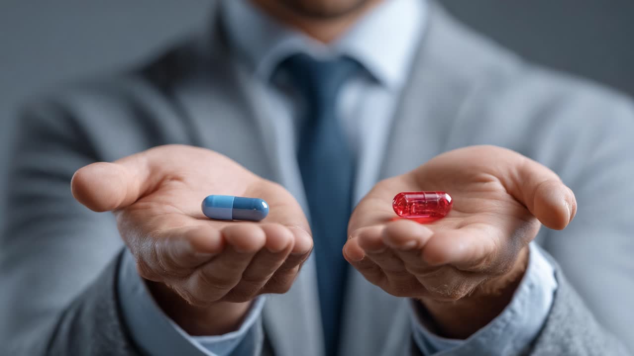 A person in a suit holds a blue capsule in one hand and a red capsule in the other, symbolizing choices, decisions, or alternative paths in life depicted through contrasting colors