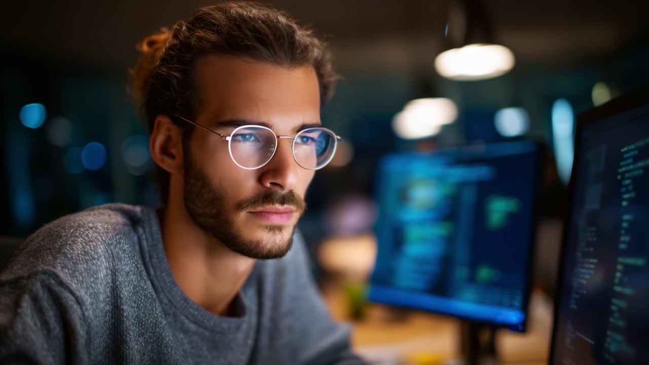 Focused Programmer Analyzing Code On Computer Screen In A Dark Modern Office Environment, Showcasing Concentration And Dedication To Software Development Projects