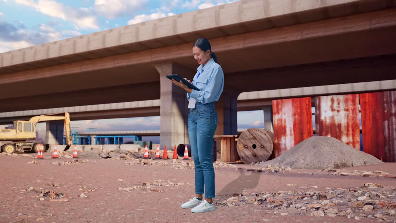 Full Body Side View Of Asian Female With Her Tablet At The Site of Highway Construction, Working Continuously With Her Tablet