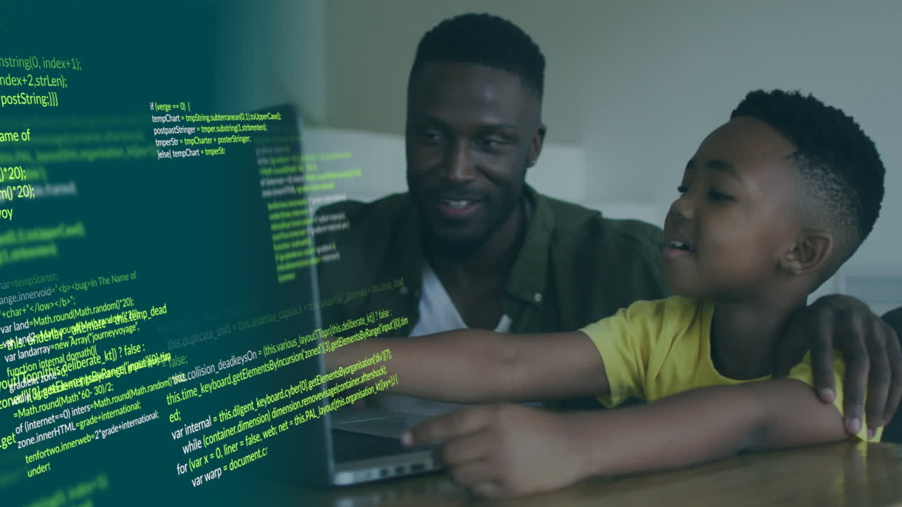 Animation of data processing over happy african american father and son using laptop