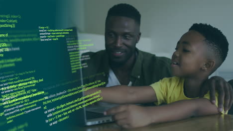 animation of data processing over happy african american father and son using laptop