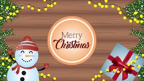 happy merry christmas animation with snowman in wooden background