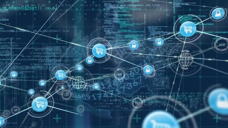 Animation of network of connections with icons over grid