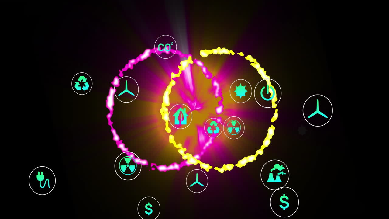 Anillos de neón superpuestos brillando en un render 3D, irradiando iconos ecológicos y símbolos de energía