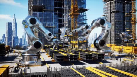 Advanced robotic arms are actively assembling steel framework at a construction site surrounded by skyscrapers. Workers coordinate to ensure efficiency and safety while managing the robotic equipment.