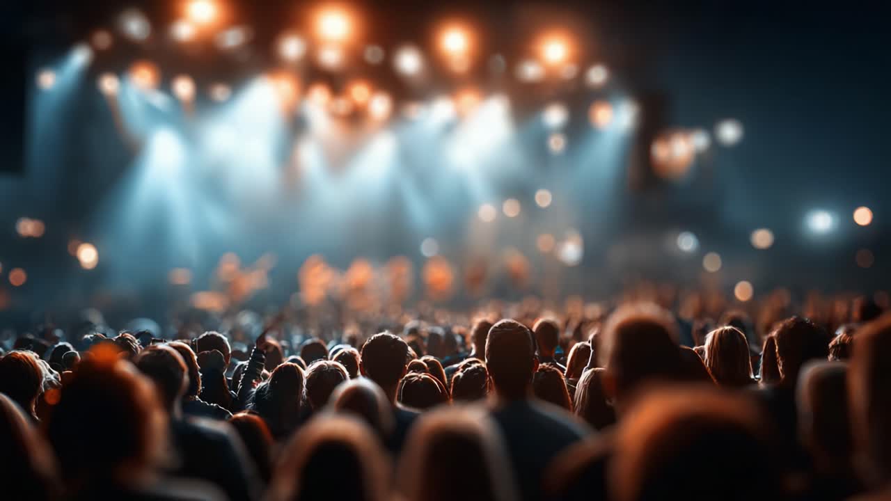 Eine aufregende Musiknacht: Die elektrisierende Atmosphiore eines vollgepackten Konzerts, in dem begeisterte Fans unter blendenden Lichtern jubeln und feiern