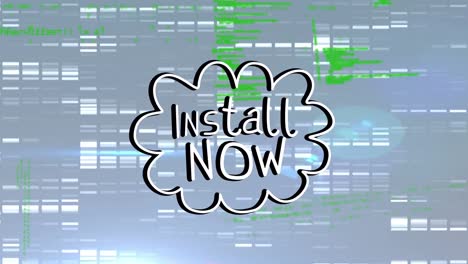 animación de instalar ahora texto sobre columnas móviles y procesamiento de datos en fondo negro